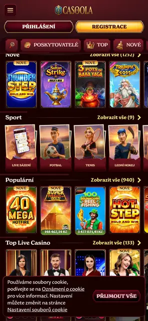 Kategorie her, sportu a živého casina v mobilní verzi Casoola