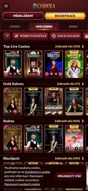 Mobilní web Casoola, živé casino s ruletou a blackjackem