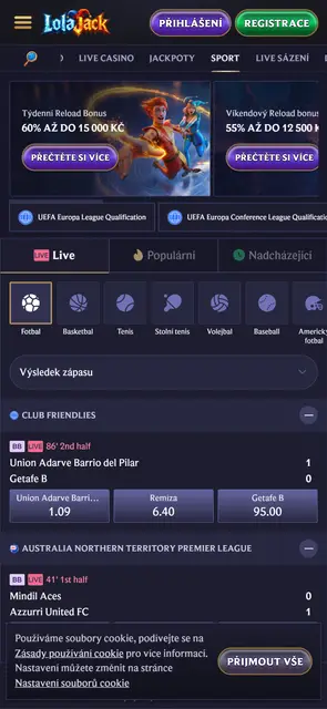 Živé sázení na sport s českým rozhraním v mobilní verzi Lolajack