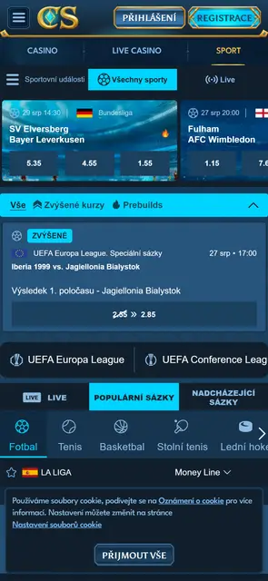 Mobilní web Casea, sportovní sázení pod stejným účtem